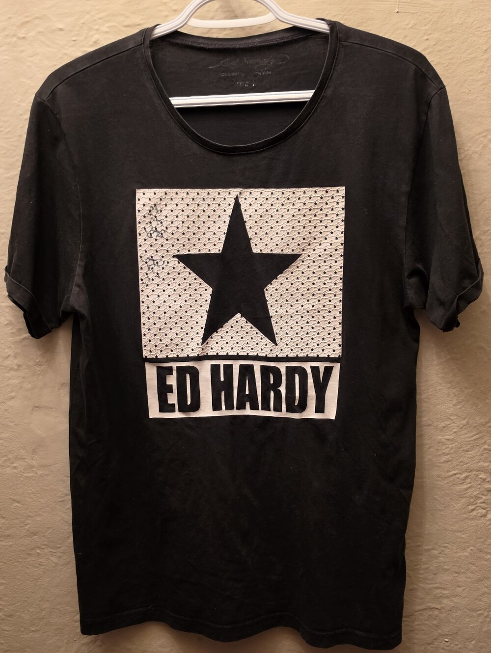 Ed Hardy Star Graphic Tee M Black Y2K Raised Print Shirt